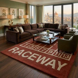 May include: A living room with a large brown sectional sofa, a red rug with the word "RACEWAY" and numbers, and a glass-top coffee table. The room has large windows with a city view and is decorated with lamps and artwork.