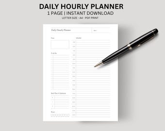 May include: A white daily hourly planner with a black pen. The planner includes sections for tasks, schedule, and meal planning. The text "DAILY HOURLY PLANNER" and "1 PAGE | INSTANT DOWNLOAD" are visible at the top. The pen is black with gold accents.