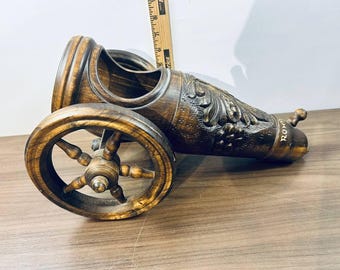 Romanian Hand-Carved Wood Cannon Bottle Holder