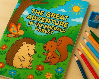 Könnte beinhalten: Ein Kinderbuch mit dem Titel "The Great Adventure in the Emerald Forest" mit Illustrationen eines Igels, Eichhörnchens, Schmetterlings und Blumen. Ein Spitzer und Buntstifte sind ebenfalls zu sehen.