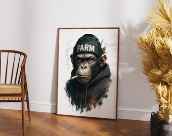 Impresión artística de grafiti de mono: chimpancé urbano con gorro