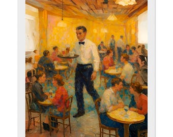 Vintage Cafe Scene Art Print: Impressionist Waiter Painting