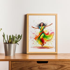 Colorful Indian Dance Wall Art | Joyful Woman in Saree Canvas Print | Rainbow Splash Art | Framed, Poster, Stretched Canvas | Home & Office