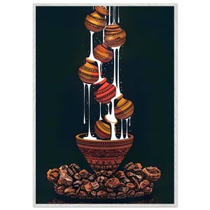 Può includere: Illustrazione artistica di una cascata di vasi di terracotta marroni e arancioni che versano un liquido bianco in una ciotola decorativa. I vasi presentano motivi dettagliati. Un mucchio di oggetti marroni si trova sotto la ciotola su uno sfondo verde scuro.