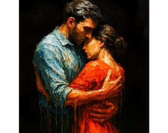 Romantic Couple Impasto Oil Painting Print, Moody Impressionist Red Dress Poster