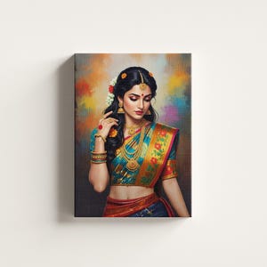 Indian Woman Portrait: Floral Saree Canvas Art Print