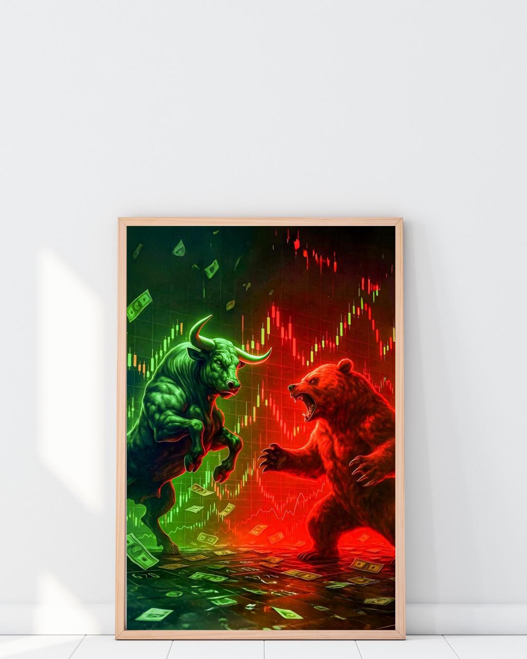 bull & bear digital prints, stock market art, wall... Bull Vs Bear Stock Market Canvas Print, Candlestick Chart Wall Art ...