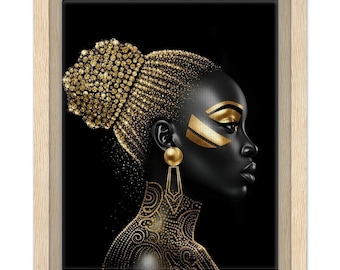 Canvaskunst zwarte vrouw met gouden gezicht: etnische afroprint voor thuis en op kantoor
