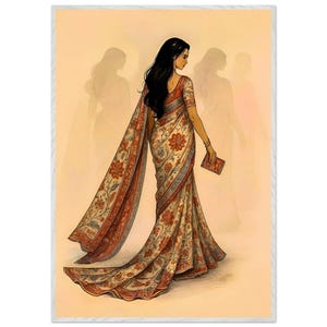 Indian Woman in Floral Saree Art Print: Elegant South Asian Decor