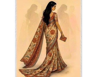Indian Woman Saree Wall Art, Traditional Floral Print, South Asian Heritage Poster