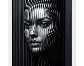 Trippy Optical Illusion Woman Portrait: Surreal Black & White Line Art