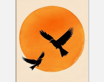 Minimalist Sunset Art Print: Orange Sun & Bird Silhouette