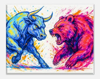 Bull vs Bear Aktiemarknadskonst, Akvarell Finans Canvastavla, Kontorsväggposter