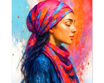Abstract Watercolor Woman Portrait, Meditation Profile Art, Vibrant Headwrap Decor
