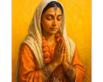 Indian Woman Prayer Art Print, Spiritual Hindu Wall Decor, Meditation Portrait Poster