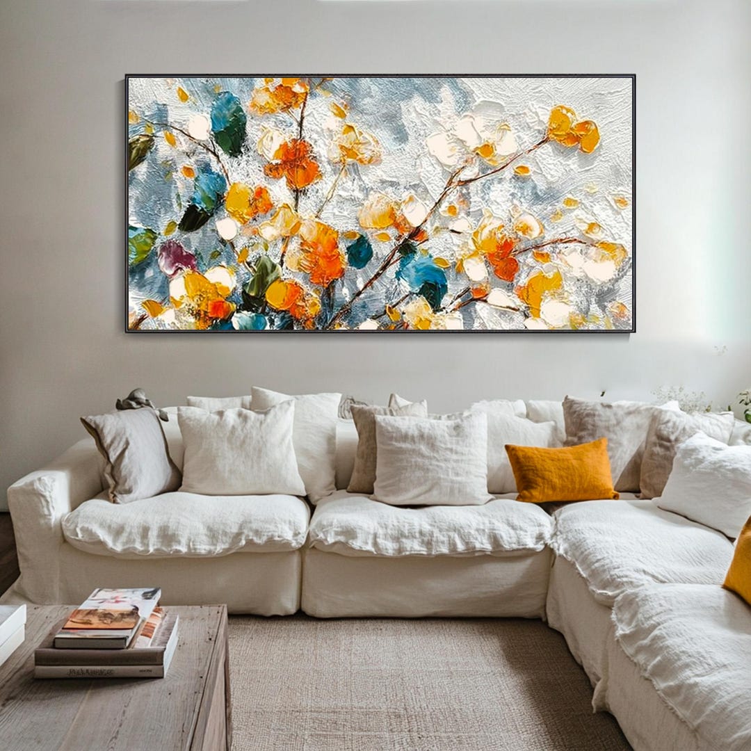 Abstract Orange Oil Painting on Canvas 3D Textured Wall Mural Plants ...