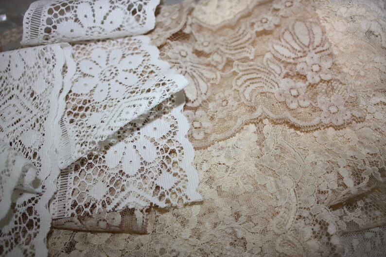 Lace Fabric Pieces Slow Stitch Grab Bag Junk Journal Embellishments Mixed Media lace Fabric Neutral Cream Beige Trim Snippet Roll Collage image 3