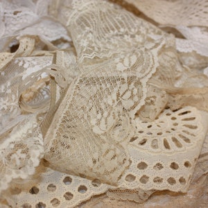 Lace Fabric Pieces Slow Stitch Grab Bag Junk Journal Embellishments Mixed Media lace Fabric Neutral Cream Beige Trim Snippet Roll Collage image 6