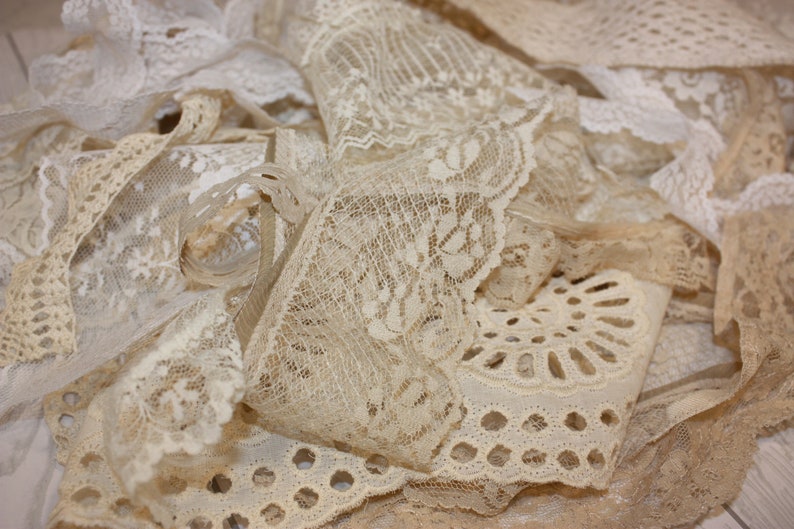 Lace Fabric Pieces Slow Stitch Grab Bag Junk Journal Embellishments Mixed Media lace Fabric Neutral Cream Beige Trim Snippet Roll Collage image 6