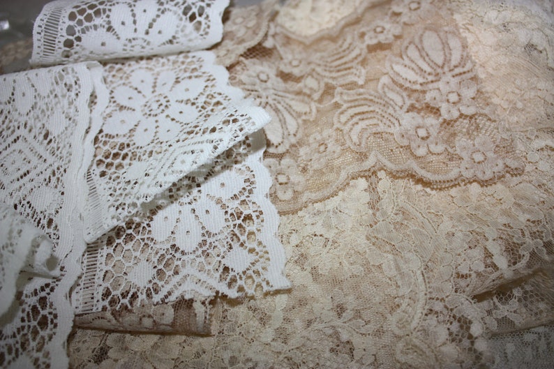 Lace Fabric Pieces Slow Stitch Grab Bag Junk Journal Embellishments Mixed Media lace Fabric Neutral Cream Beige Trim Snippet Roll Collage image 9