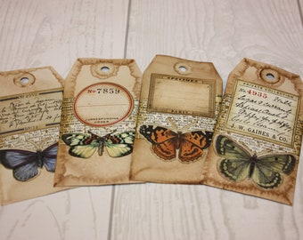 Set of 4 Butterfly Moth Nature Theme Tags Handmade Distressed Junk Journal Tag Gift Tags Journal Supplies Tags Mixed Media Tags