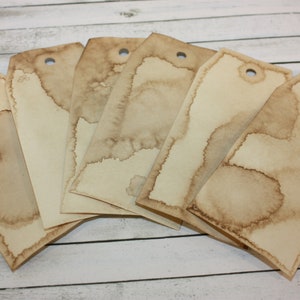 Six coffee dyed tags set of six tags junk journal supplies scrapbook gift tags manila tags ephemera aged tags distressed tags grungy tags image 1