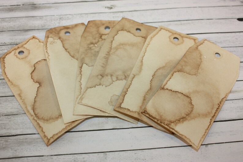 Six coffee dyed tags set of six tags junk journal supplies scrapbook gift tags manila tags ephemera aged tags distressed tags grungy tags image 1