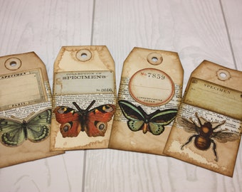 Set of 4 Butterfly Moth Bee Nature Theme Tags Handmade Distressed Junk Journal Tag Gift Tags Journal Supplies Tags Mixed Media Tags