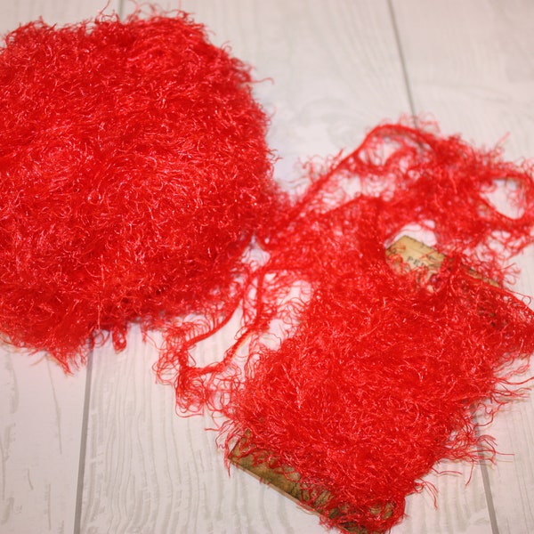 Fuzzy Red eyelash trim Reddish Orange Coral Color fiber yarn fiber for crafting mixed media junk journals strung up on a BONUS handmade tag
