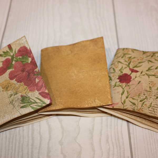 Set of three mini spring garden nature themed hand bound books for junk journal tuck spots mini booklets ephemera pastel colored ephemera