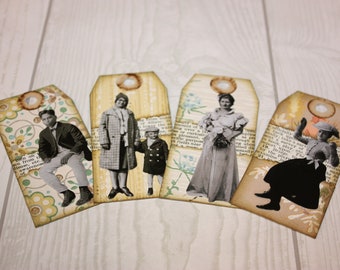 Set of 4 Small People Tags Handmade Distressed Junk Journal Tag Vintage Wallpaper Tags Journal Supplies Mixed Media Tags Journal Supplies