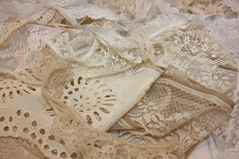 Lace Fabric Pieces Slow Stitch Grab Bag Junk Journal Embellishments Mixed Media lace Fabric Neutral Cream Beige Trim Snippet Roll Collage image 10