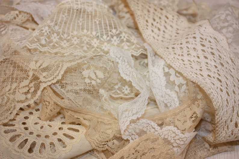 Lace Fabric Pieces Slow Stitch Grab Bag Junk Journal Embellishments Mixed Media lace Fabric Neutral Cream Beige Trim Snippet Roll Collage image 4