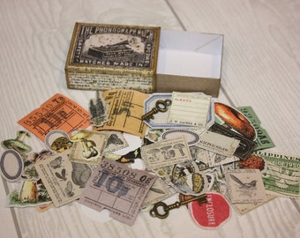 Altered Matchbox full of small ephemera bits and charms for card making tags junk journals ATC supply happy mail paper embellishments lot