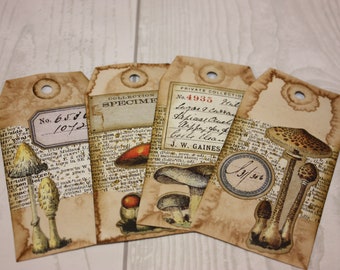 Set of 4 Mushroom Fungi Nature Tags Handmade Distressed Junk Journal Tag Gift Tags Journal Supplies Tags Mixed Media Tags Journal Supplies