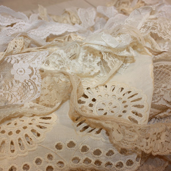 Lace Fabric Pieces Slow Stitch Grab Bag Junk Journal Embellishments Mixed Media lace Fabric Neutral Cream Beige Trim Snippet Roll Collage