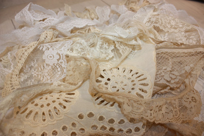 Lace Fabric Pieces Slow Stitch Grab Bag Junk Journal Embellishments Mixed Media lace Fabric Neutral Cream Beige Trim Snippet Roll Collage image 1