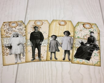 Set of 4 Small People Tags Handmade Distressed Junk Journal Tag Vintage Wallpaper Tags Journal Supplies Mixed Media Tags Journal Supplies