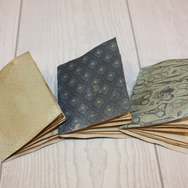 Set of three mini vintage shabby style hand bound books for junk journal tuck spots mini booklets ephemera handmade ephemera booklet set