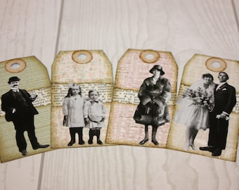 Set of 4 Small People Tags Handmade Distressed Junk Journal Tag Vintage Wallpaper Tags Journal Supplies Mixed Media Tags Journal Supplies