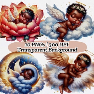 10 Floral African Baby Angel PNG Cliparts | Adorable Angel Designs with Flowers for Baby Shower Invitations, Nursery Wall Art V27