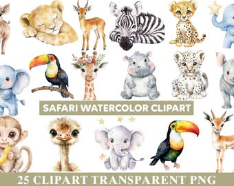 Boho Safari Tiere Aquarell Clipart, Dschungel-Kinderzimmer-Kunst (PNG, digitaler Download)