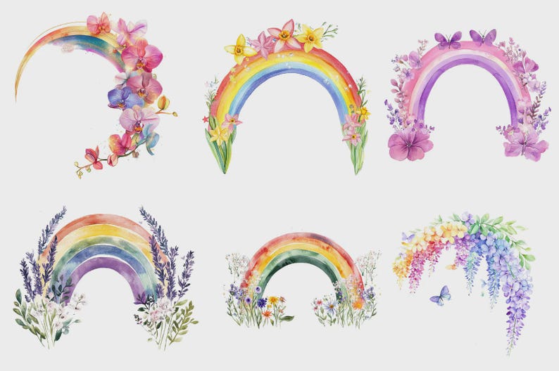 Watercolor Floral Rainbow Clipart PNG Bundle, Boho Nursery Wall Art ...