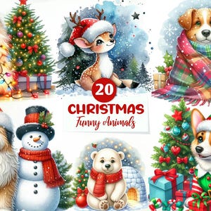 20 Funny Christmas Animals Clipart Bundle, Cute Holiday Animal PNG, Festive Winter Animals, Xmas Clipart, Printable Art V146