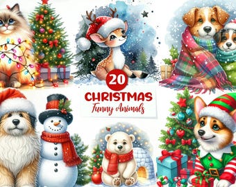 Lustige Weihnachtstiere Clipart Bundle, Urlaub PNG (digitaler Download)