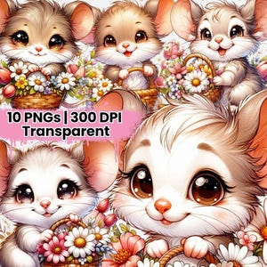 10 Cute Mouse with Flower Clipart, Mouse PNG Bundle, Adorable Mouse Illustration, Cartoon Mouse Art, Printable Cute Animal Clipart V139