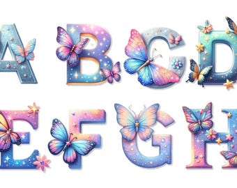 May include: Watercolor alphabet letters A through H, each adorned with colorful butterflies, stars, and flowers. The letters have a sparkly, gradient design in shades of blue, pink, and purple, creating a whimsical and decorative aesthetic.