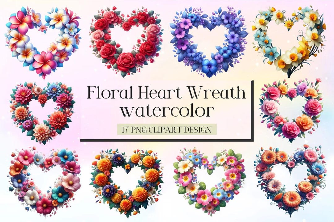 17 Floral Heart Wreath Clipart Bundle – Romantic Flower Frame PNG ...