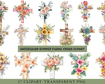 Aquarel bloemen kruis clipartbundel, Pasen png, religieuze kunst (digitale download)