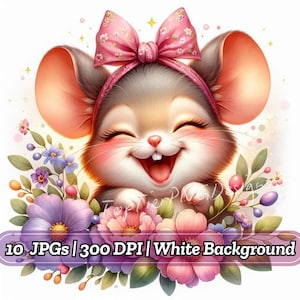 10 Floral Cute Mouse Clipart Bundle PNG | Adorable Mice Illustrations with Flowers for Stickers, Cards & Scrapbooking Junk Journals V88